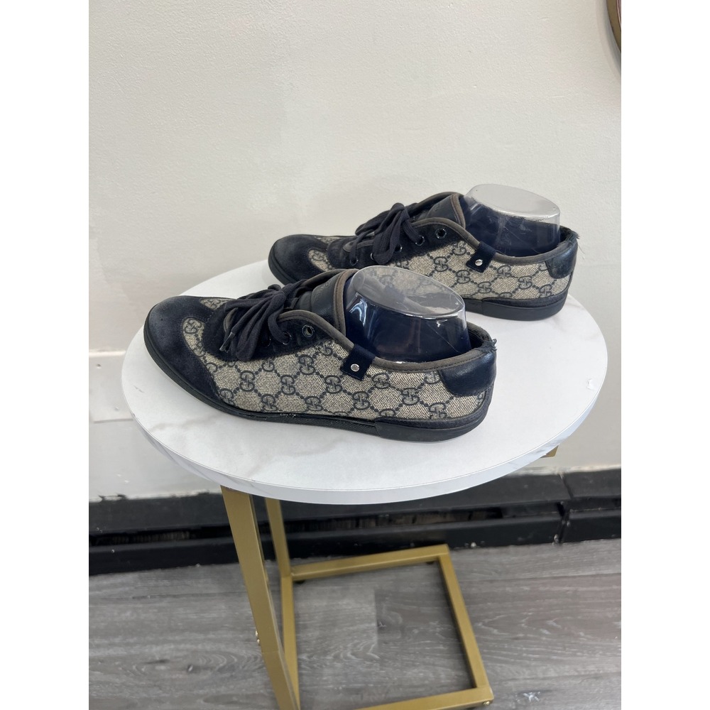Gucci GG Supreme Monogram Canvas Black Leather Low Top Sneakers Shoes Size 6